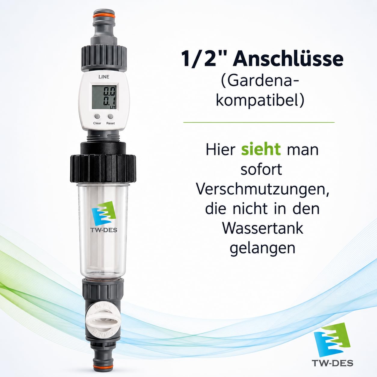 TW-DES Wasserkoffer Befüllfilter mit Wasseruhr Gardena-Anschluss