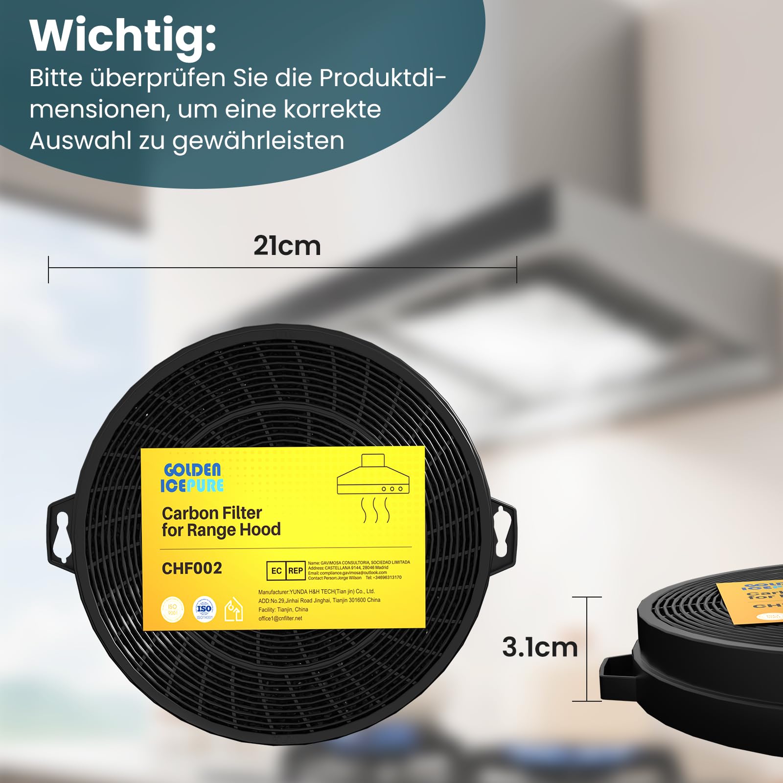 Golden IcePure AK01 Aktivkohlefilter Dunstabzugshaube 4 Stück Geruch
