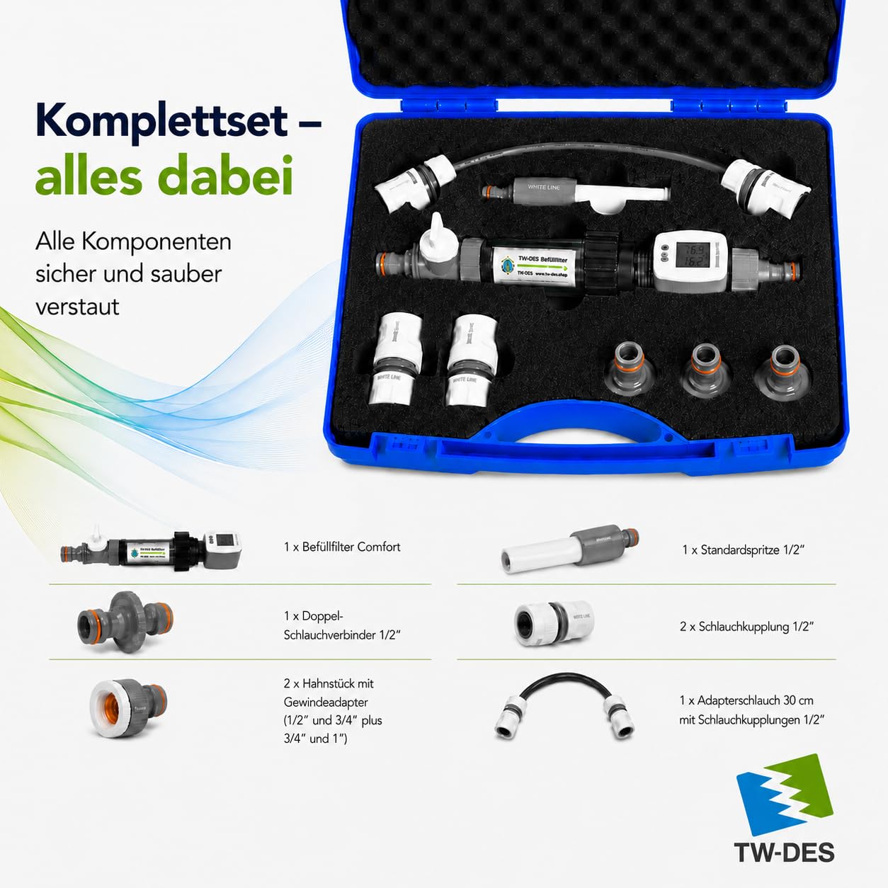 TW-DES Wasserkoffer Befüllfilter mit Wasseruhr Gardena-Anschluss