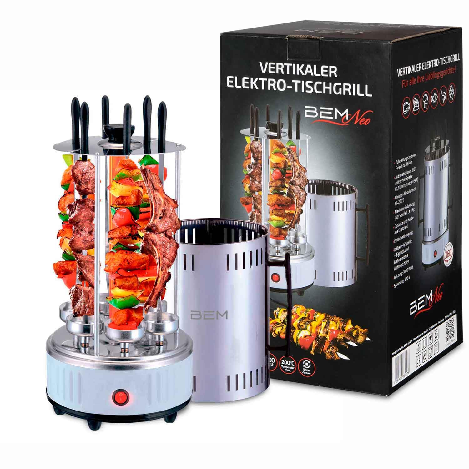 BEM Neo Tischgrill Vertikalgrill Edelstahl 1000W 12 Spieße