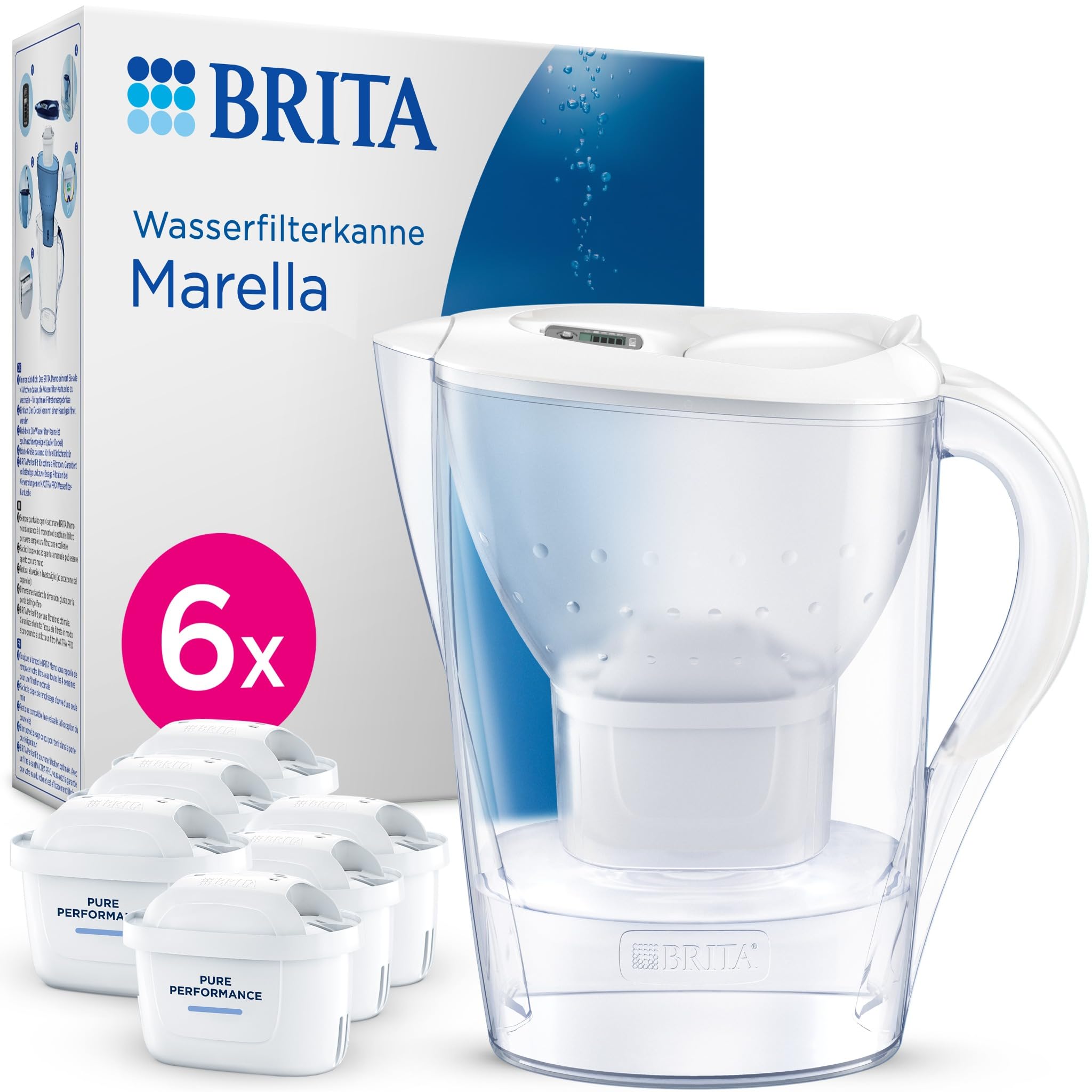 Brita Marella Tischwasserfilter-Kanne mit 6x Pure Performance Chlor-Filter
