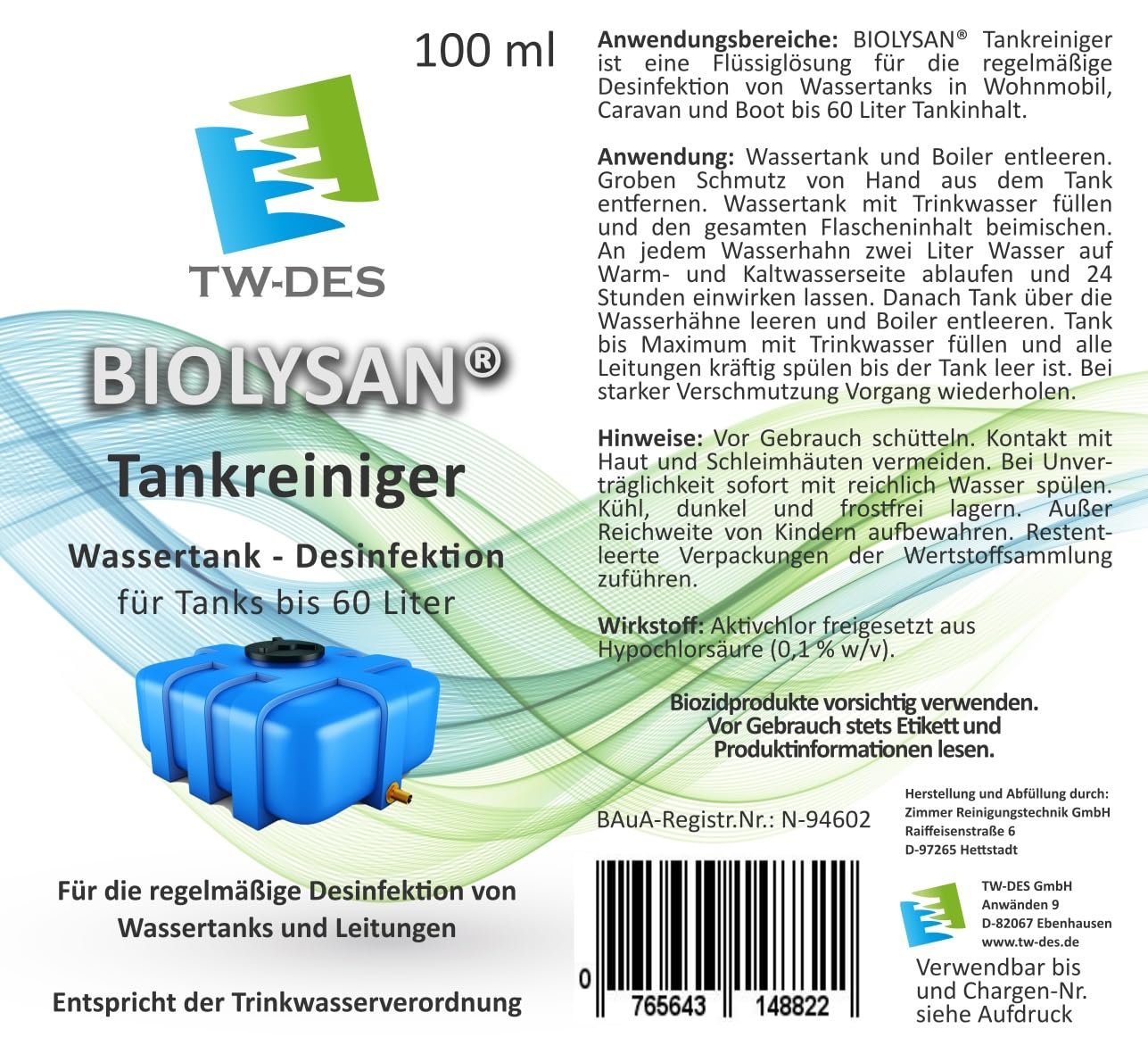 TW-DES Biolysan Tankreiniger 60l Desinfektion Wohnmobil