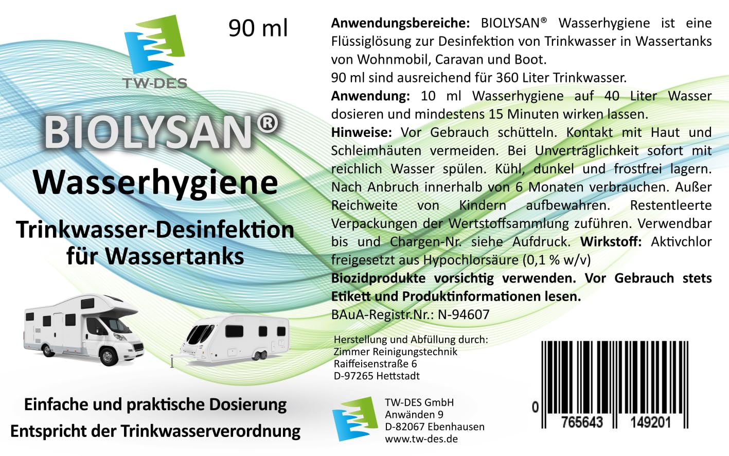 TW-DES Wasserhygiene 90ml Wohnmobil Boot Desinfektion chlorfrei