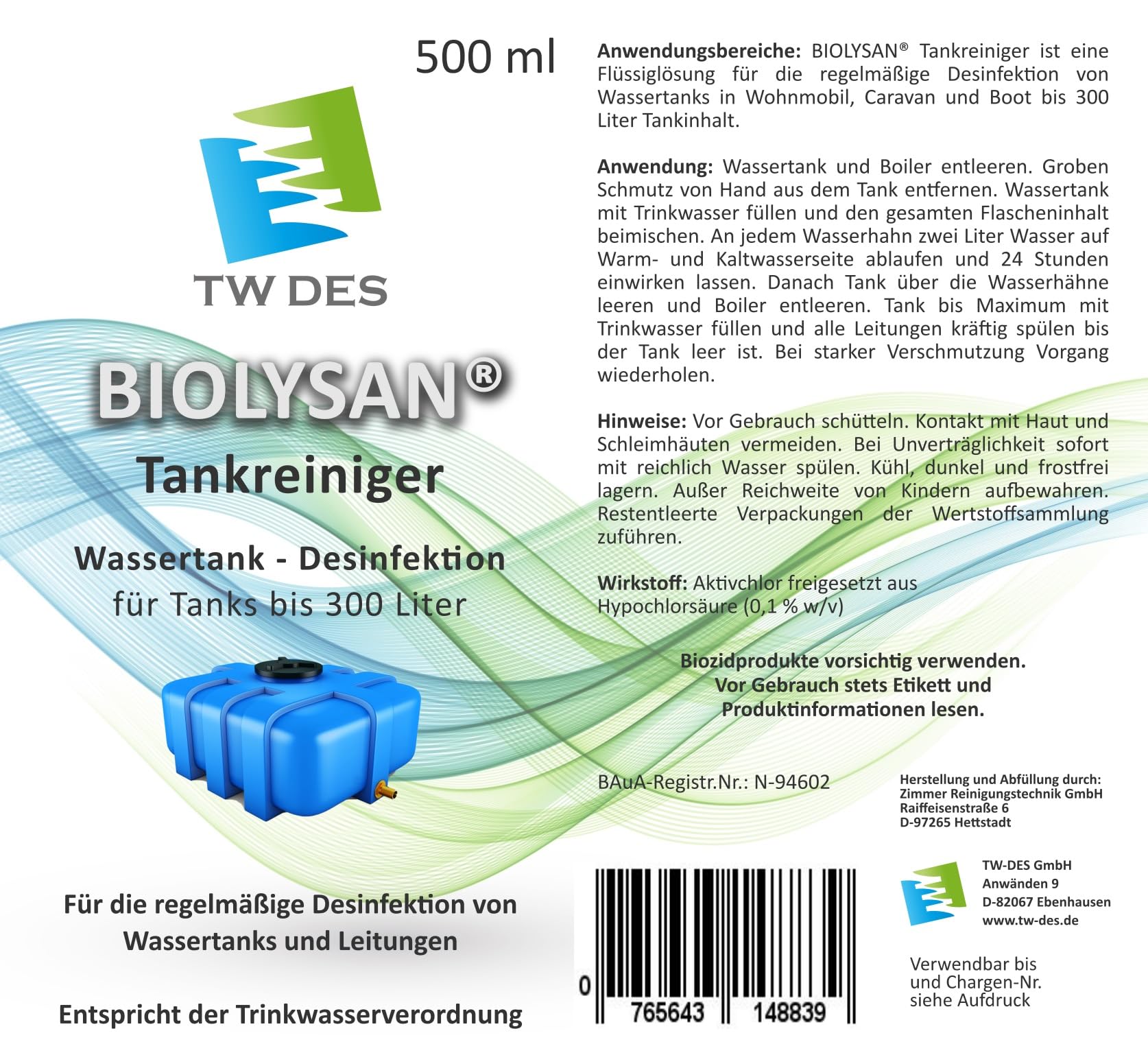 TW-DES BIOLYSAN Tankreiniger 500ml Trinkwasser-Desinfektion Wohnmobil